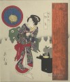 woman standing by lacquer tray with sake Totoya Hokkei Japanese